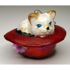 Dept‎ 56 Cat Ornament White Cat Kitten Blue Eyes in Red Hat Christmas Ornament